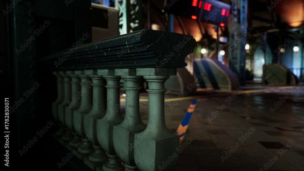 Fototapeta premium In a bustling city center, a decorative railing leads towards colorful tents, while vivid lights cast a warm glow on the surroundings, creating an inviting and lively ambiance at dusk.