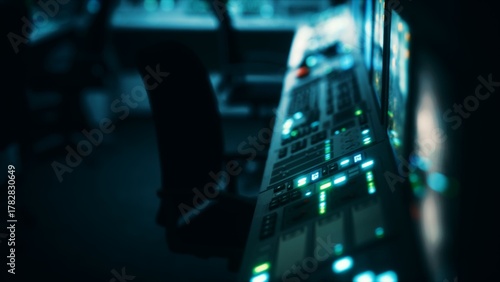 Wallpaper Mural In a dimly lit control room, a desk is filled with glowing buttons and screens. The atmosphere is tense and focused as technology hums softly in the background during late hours. Torontodigital.ca