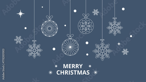 Elegant minimalist blue and white merry christmas banner vector, hanging ornaments snowflakes line art background template.