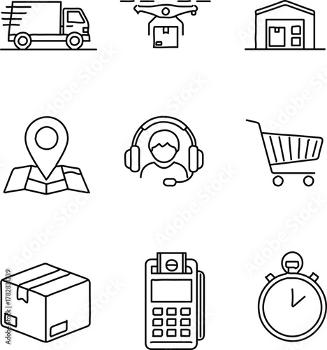 Delivery service logistics and distribution set of icons for online shopping and e commerce business