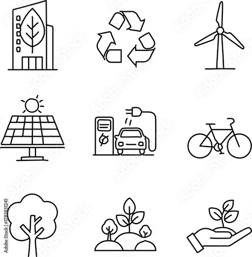 Eco friendly sustainable energy resources vector line icons set renewable environment illustration