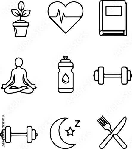 Wellness lifestyle habits vector illustration set of featuring exercise diet sleep and mindfulness icons