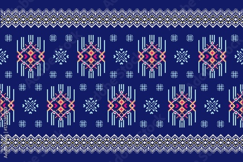 Native fabric pattern on blue background. Abstract ethnic pattern. Geometric ethnic patterns. Design for clothing, sweater, wrapping, carpet, saree, sarongs, ikat, tablecloth.