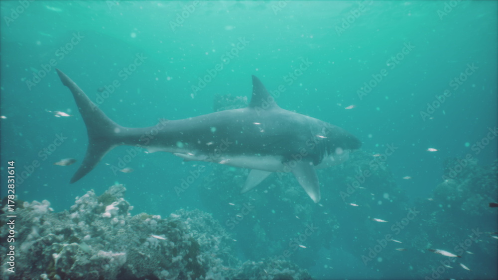 Obraz premium A shark glides effortlessly through the clear blue sea. Surrounding coral formations create an enchanting underwater landscape. Small fish swim nearby, showcasing the beauty of marine life.