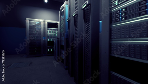 Rows of sleek servers with glowing blue lights create a futuristic atmosphere in a dark server room. Clutter free design shows advanced technology for data storage and processing.