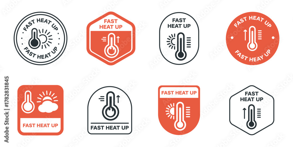 Obraz premium Fast heat up icons - thermometer symbols in various badge designs