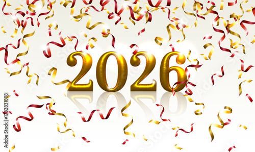 Festive new year 2026 celebration with colorful confetti and golden numbers