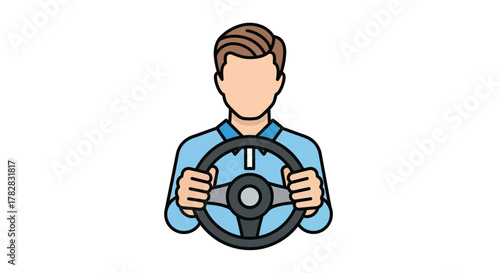 Man holding a steering wheel within a circular frame silhouette