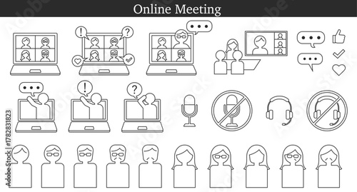 会議、ミーティング、Web会議、オンラインミーティング、オンライン研修のイラストセット