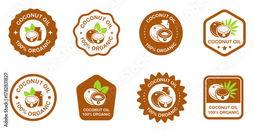 Organic coconut oil labels with natural symbols and brown design elements