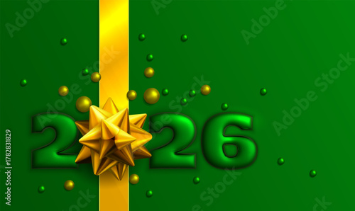 Festive green new year 2026 design with gold ribbon and star elements