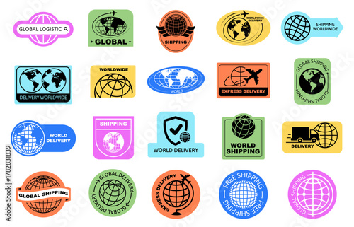 Colorful global shipping and delivery logos collection for worldwide logistics