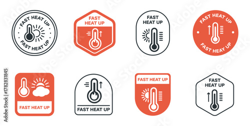 Fast heat up icons - thermometer symbols in various badge designs