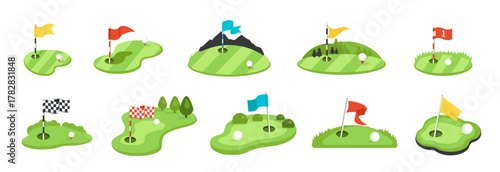 Collection of golf course elements with flags and golf balls