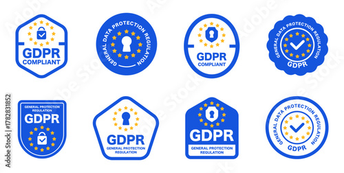 Set of gdpr compliant badges with padlock and stars on blue background