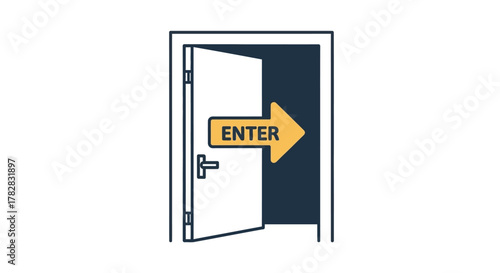 An open doorway with a yellow arrow pointing inward silhouette