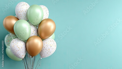 Balloons in green, gold, & confetti against turquoise backdrop