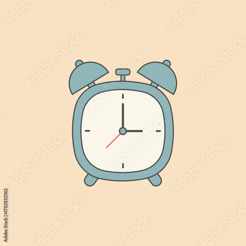 Vector illustration of a retro-style twin-bell alarm clock in light blue on a pastel background, symbolizing time management, deadlines, schedule, and wake-up.