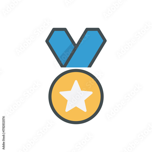 Vector illustration of a gold medal with a white star and blue ribbon, symbolizing achievement, success, quality guarantee, and victory in competition.