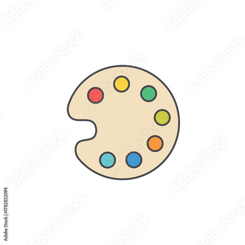 Vector illustration of a classic artist's wooden paint palette with spots of colorful paint, symbolizing art, creativity, design, imagination, and hobby.