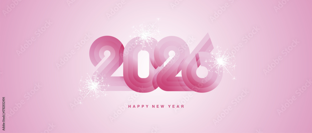 Naklejka premium Happy New Year 2026. Black type typography in the shape of a ribbon for the year 2026 with sparkle fireworks. Abstract neon light and pink background