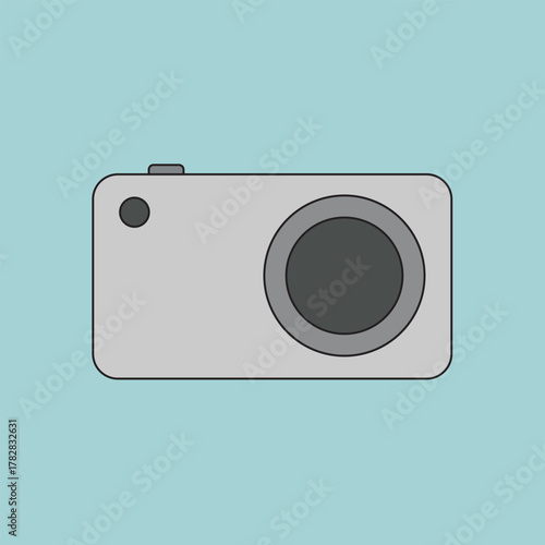 Vector illustration of a simple digital point-and-shoot camera, symbolizing photography, memory, travel, recording, and media technology.