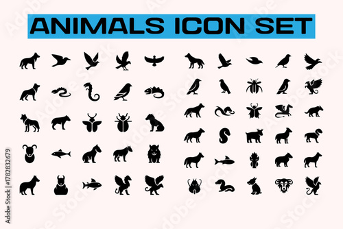 Farm Animals Icon Set, Cow, Pig, Chicken, Sheep, Horse, Goat Vector, Barnyard Clipart, Cute Livestock Illustrations