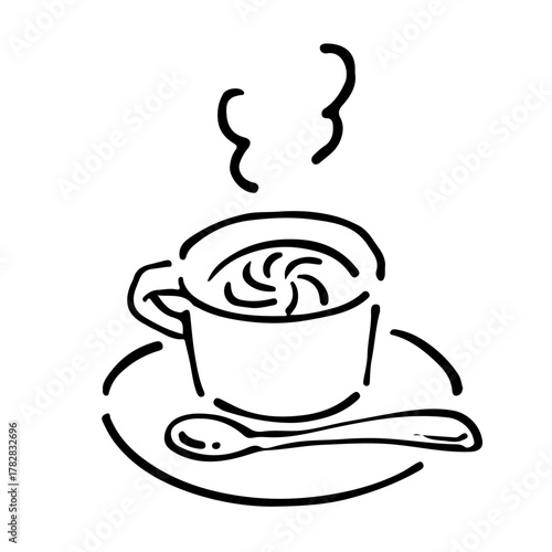 湯気のあるコーヒーカップの線画イラスト