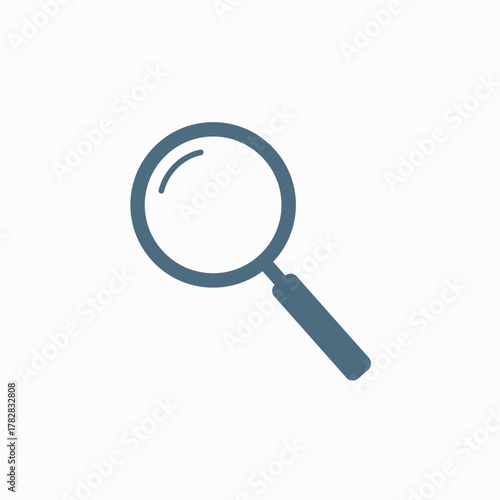 Vector illustration of a simple magnifying glass icon, symbolizing search, discovery, research, analysis, and focus on details.