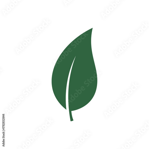 Vector illustration of a single dark green leaf silhouette, symbolizing nature, ecology, organic products, sustainability, and growth.
