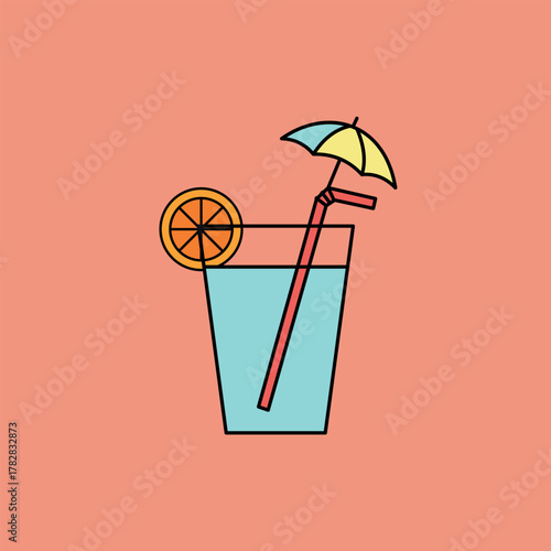 Vector illustration of a cold drink with a straw, umbrella, and orange slice, symbolizing summer vacation, tropical travel, and refreshment.