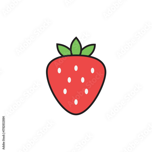 Vector illustration of a bright red strawberry with green leaves, symbolizing healthy fruit, sweet dessert, summer, and organic food.