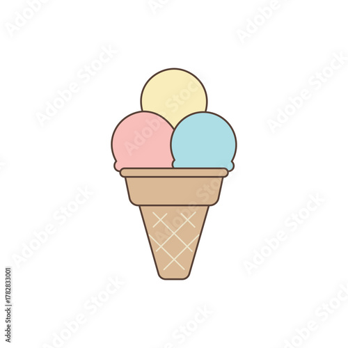 Vector illustration of a waffle cone with three colorful scoops of ice cream, symbolizing summer dessert, sweet treat, and refreshment.