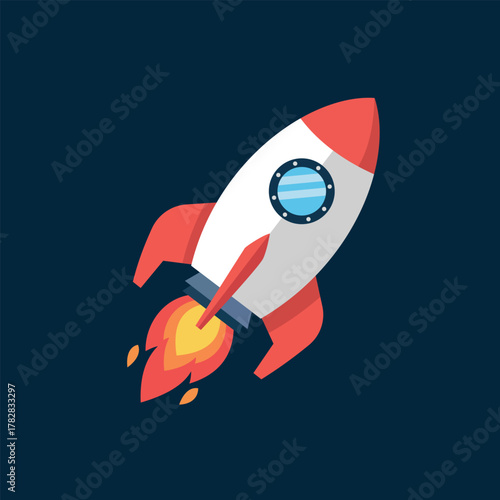 Vector illustration of a red and white rocket blasting off, symbolizing startup launch, rapid business growth, innovation, and space exploration.