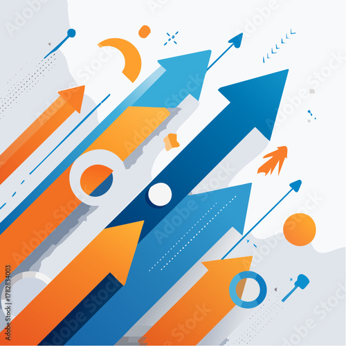 Abstract Startup Growth Arrows in Orange and Blue Geometric Shapes for Pitch Deck