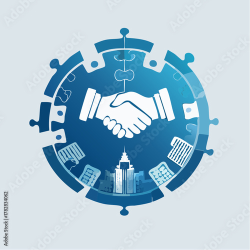 Abstract Circular Puzzle Emblem of Corporate Merger Partnership with Interlocking Buildings