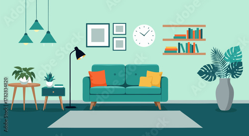 Modern and inviting living room interior, beautifully illustrated with a stylish teal sofa, cozy decor, vibrant houseplants, and elegant lighting, creating a comfortable home atmosphere