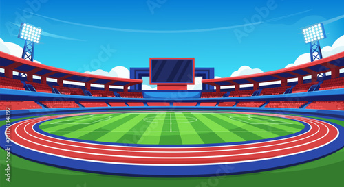 Vibrant Stadium Scene with Running Track and Soccer Field Under Bright Blue Skies