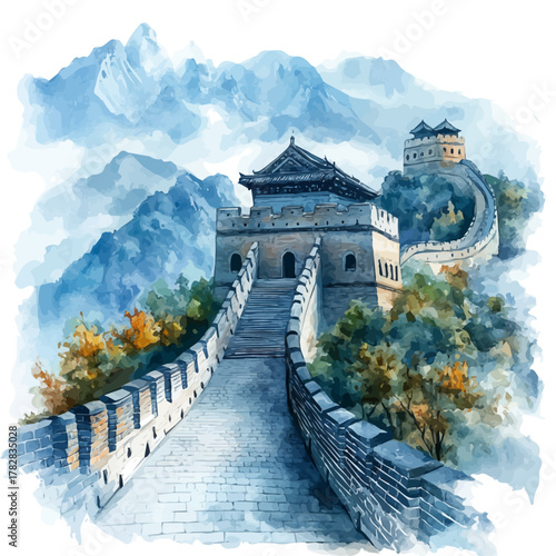 watercolor vector of The Great Wall Of China, isolated on a white background.