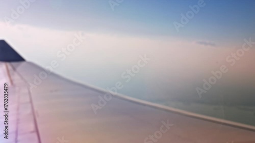 View from airplane window during takeoff above Miami with city and islands on background. Miami. USA.