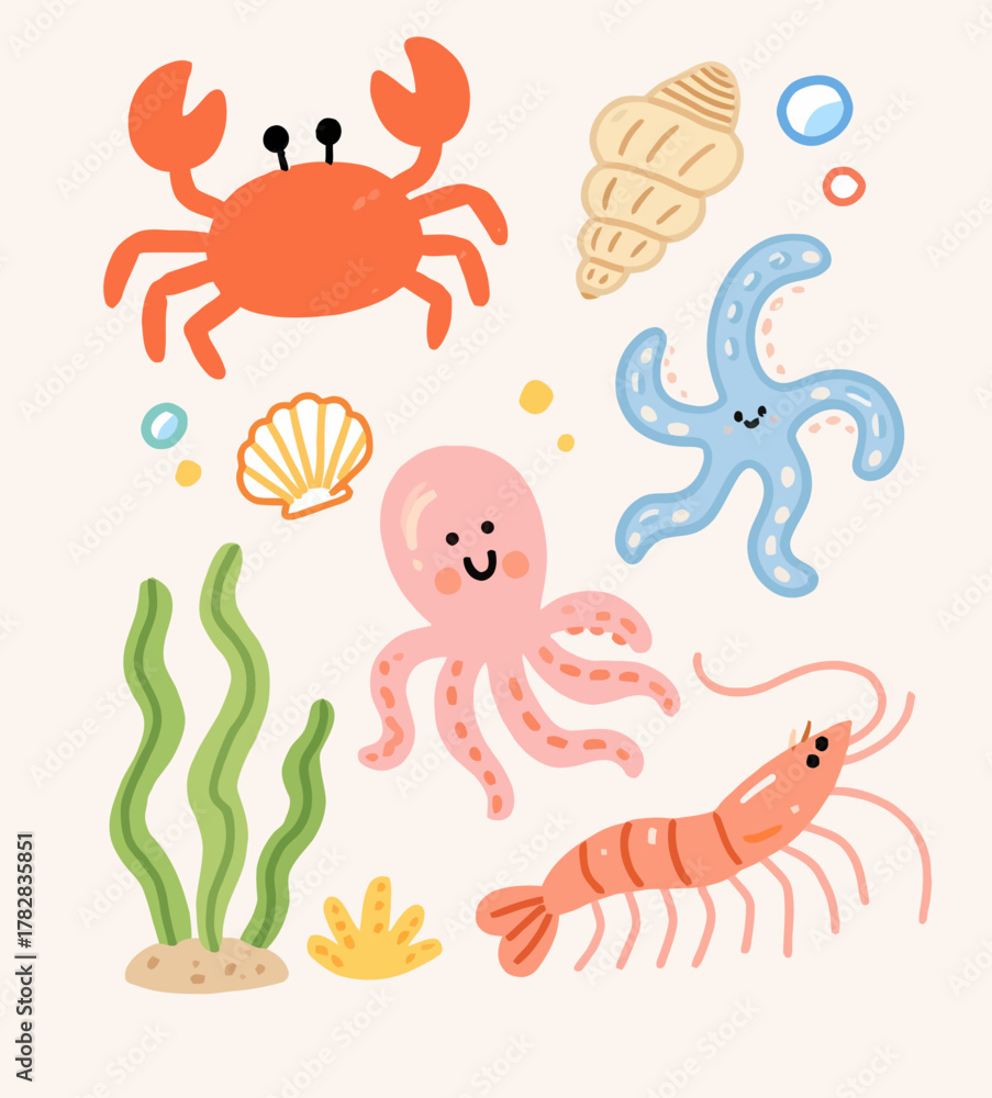 Naklejka premium Adorable Ocean Creatures Crab, Starfish, Octopus and Shrimp