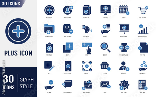 Plus sign solid icon set. Containing icons: more, new, add, positive, create, zoom and more. Vector illustration