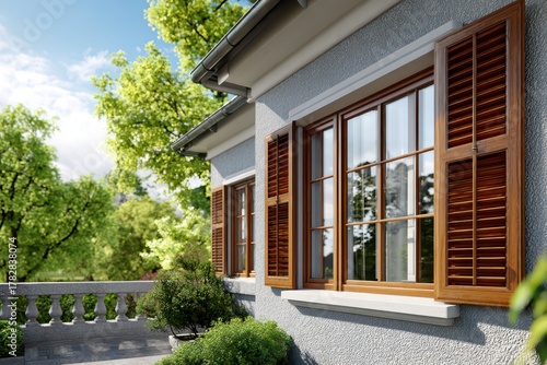 Elegant house exterior with wooden windows, open shutters, and green garden.