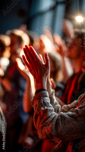 The hands in the photo show applause. The people seem to be really involved in a concert, show or church service with their hands raised.