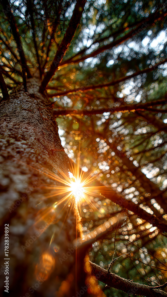 Obraz premium A sunburst through a tree canopy creating a warm, ethereal glow, highlighting the natural beauty of light and shadow. 