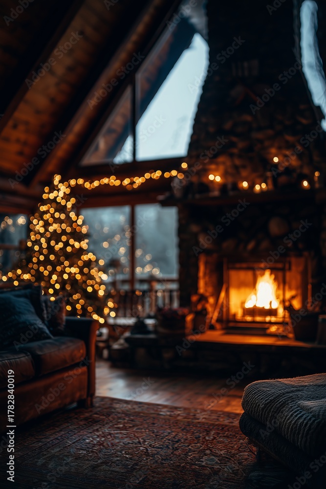 Obraz premium Cozy wooden cabin living room with roaring stone fireplace and bokeh-lit Christmas tree in warm glow. Rustic holiday hearth comfort, inviting festive winter sanctuary vibe.