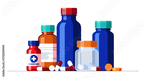 Collection of prescription bottles, vials, and pills representing healthcare and pharmaceutical products