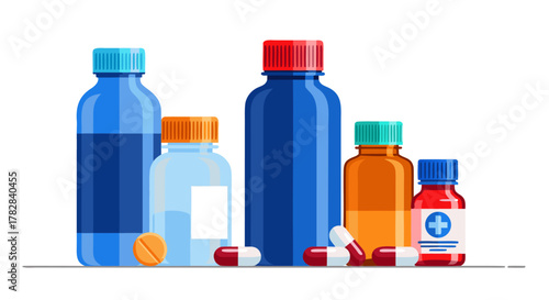 Vibrant Assortment of Medicine Bottles and Pills Illustration for Pharmaceutical Healthcare, Wellness, and Medical Treatment Concepts Representing Drugstore Supplies and Health Support