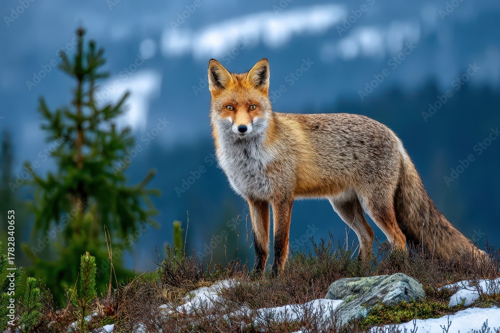 Fototapeta premium A majestic red fox with keen eyes stands alert in a snowy winter forest landscape.