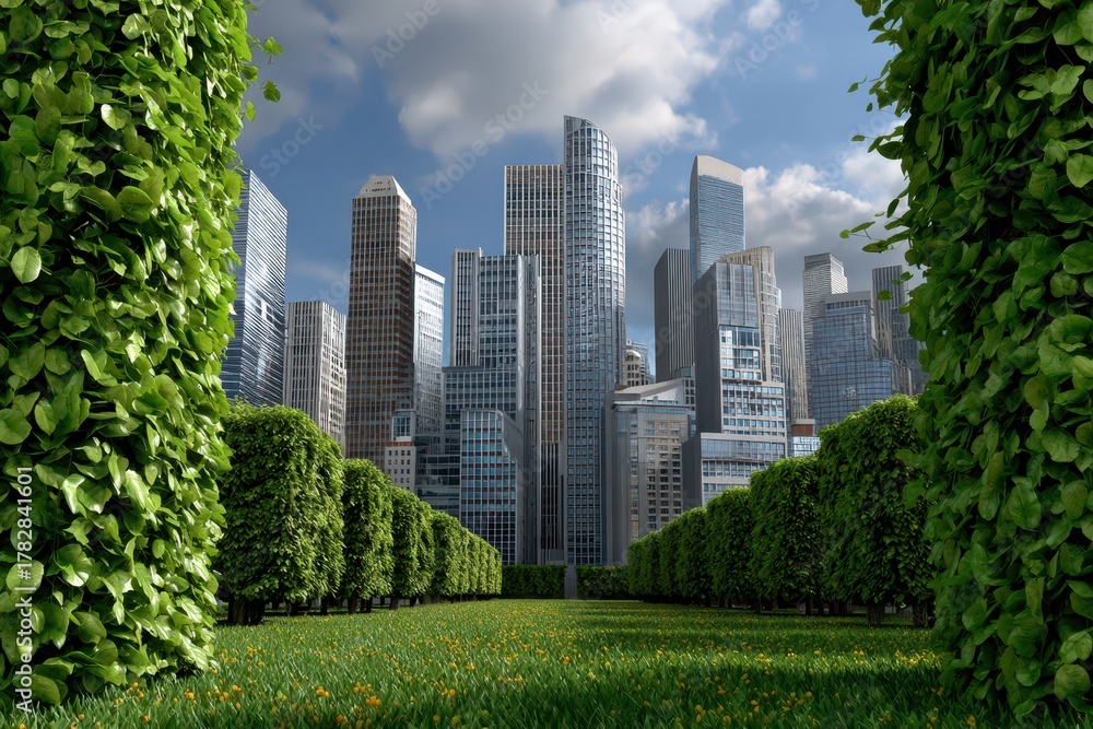 Fototapeta premium A harmonious blend of lush green nature and a modern urban cityscape under a blue sky.
